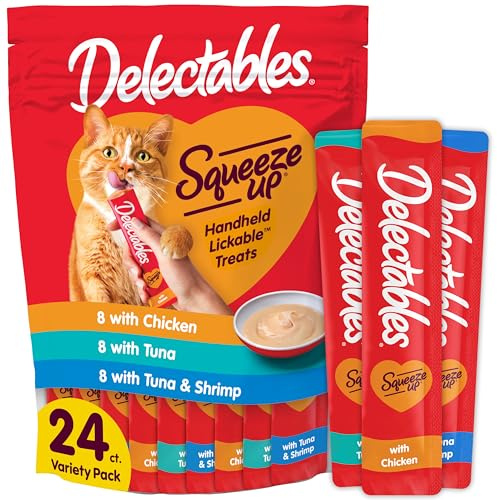 Delectables Squeeze Up Variety Pack, Creamy Squeezable Puree, Lickable Wet Cat Treats, Grain Free, No Added Fillers, No By-Products, No Added Preservatives, 0.5 Ounces Tube, 24 Tubes Total