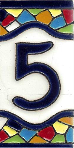 TORO DEL ORO House Numbers. Numbers and Letters on Tile. Glazed Ceramic, Hand Painted Dry Rope Technique. Names and Addresses. Mosaic Design Medium 5.5x10.5cm (Number Five 5)