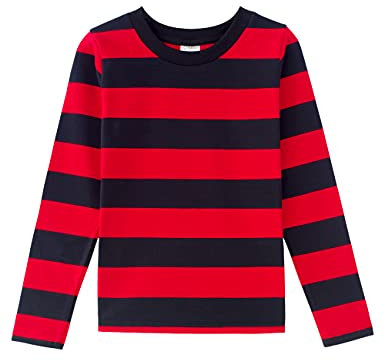 Spring&Gege Boys' Long Sleeve Striped T-Shirt Cotton Crew Neck Tees, Black and Red Stripes, 7-8 Years