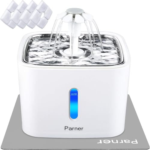 Parner Fontaine à Eau pour Chat avec Fenêtre De Niveau d'eau, Bol à Eau avec 4 Filtres Hygiéniques Et 1 Tapis en Silicone, Mangeoirs Et Abreuvoirs Animaux Domestiques avec Lumière LED (Blanc)