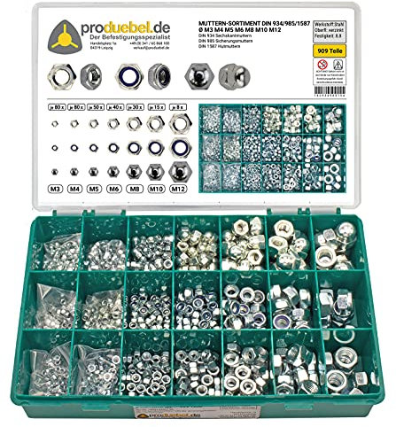 Muttern-Sortiment DIN 934/985/1587 Ø M3 - M12 * 909 Teile Ø M3 - M12 (Edelstahl A2 V2A)