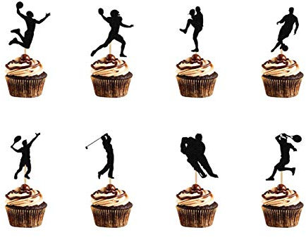 HAKPUOTR 24 Pcs Black Glitter Sport Theme Cupcake Toppers, Funny Kit Ball games Cupcake Toppers, Sport Theme Party Supplies,Picks for Boy's Birthday Party Supplies (Ball)
