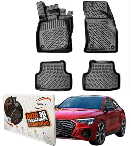 Trimak Passgenau 3D Fussmatten Auto Kompatibel mit Audi A3 S3 RS3 8Y 2020-2025 Auto Zubehör 1. und 2. Reihe Gummimatten Autos TPE Allwetter Geruchlos rutschfest Vorne & Hinten Schwarz