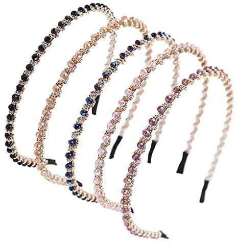5 Pièces Serre-Têtes à Strass, Non-Slip Hairband, Serre Tete Femme, Elastiques Bandeaux avec Cristal, Strass Bijoux Bandes de Cheveux, pour Danse, Fête, Vêtements de Tous les Jours, Travail