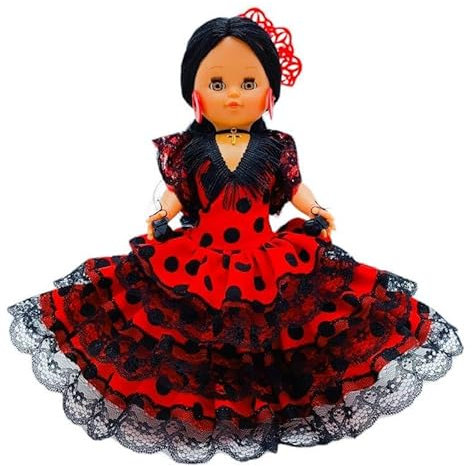 Folk Artesanía puppe der Kollektion Regional 35 cm. Andalusisches Kleid, Flamenca, Haarkamm, Puppen (Rot Tupfen)