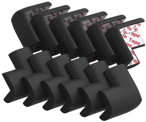 12 Pack Soft Corner Protector Baby Proofing Edge and Corner Guards, Safety Pre-Taped Rubber Foam Furniture Bumper for Fireplace, Table, Stair, Cabinet (Black)