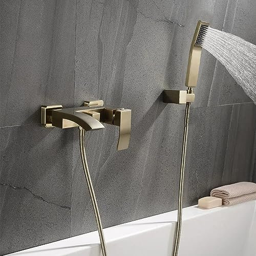 chicstyleme Badewannenarmatur mit Handbrause Gold Wasserhahn Wandmontage 1.5 m Duschschlauch Aufputz Mischbatterien Wannenarmatur mit brause Alle Messing Wand Wasserfall Dusche Unterputz Duscharmatur