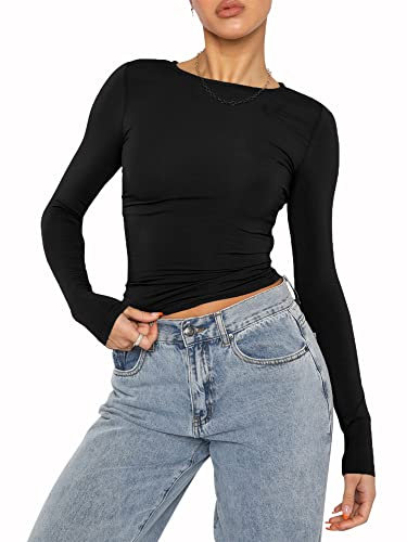 Springcmy Women's Slim Fit Crop Tops Casual Solid Color Crew Neck Long Sleeve Tight T-Shirt Basic Baby Skim Dupe Blouse Tee Tops (A2-Black, S)