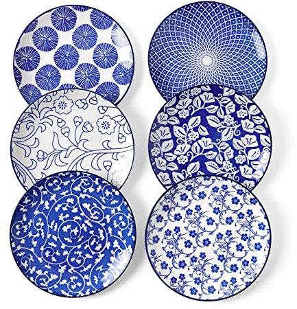 Set de 6 platos de cerámica para postre Selamica, platos para aperitivos de 6 pulgadas para cocina, aptos para microondas y lavavajillas, diseño vintage azul