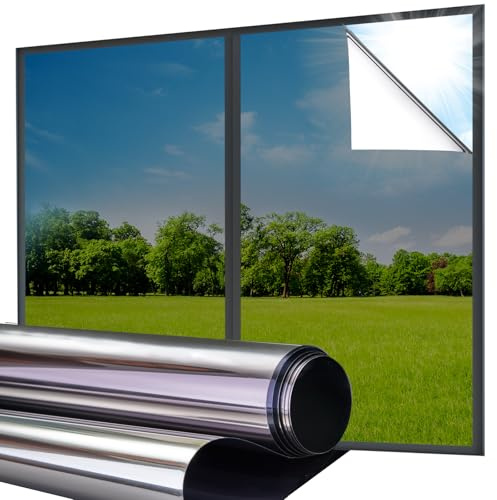 Lifetree Reflective One Way Window Film Privacy, Black-silver, 90x400cm | Mirror Heat Reflector Control Sun Blocker Tint Film, UV Anti Glare, No Glue Daytime Privacy Home Office