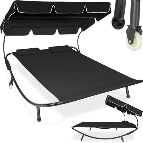 TecTake® Lettino Prendisole Doppio con 2 Cuscini da Esterno, Robusto Telaio in Metallo, Comode Rotelle, Tenda da Sole Pieghevole, Resistente agli Agenti Atmosferici - Nero/Nero