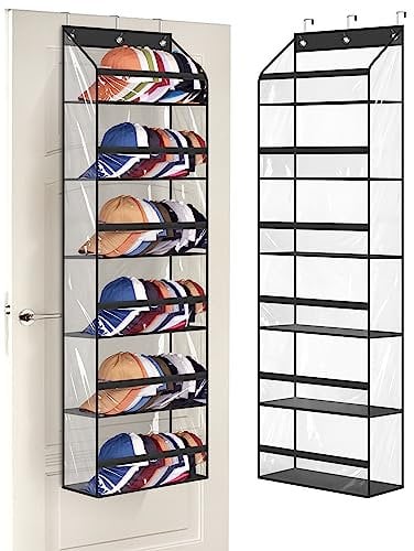 AOODA Clear Over The Door Hat Racks for Baseball Caps, Large Holds up to 72 Caps Hat Storage Organizer for Closet Wall, Deep Pockets Hanging Hat Holder with 3 Hooks, Black