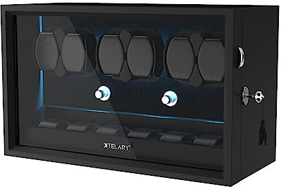 XTELARY Uhrenbeweger für 6 Automatikuhren, Abschließbarer Automatikbeweger mit Extra 6 Uhrenfächern, 4 Rotationsmodi, Flexible Uhrenkissen, Leiser Mabuchi Motor und Blaue Hintergrundbeleuchtung,Black