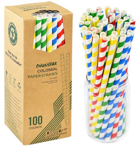 [10MM Wide] 10.25 Inch Extra Long Fat Sturdy Paper Drinking Straws for Smoothies, Milkshakes, Thick Frozen Drinks - 100 Counts, Colorful Stripes - Biodegradable