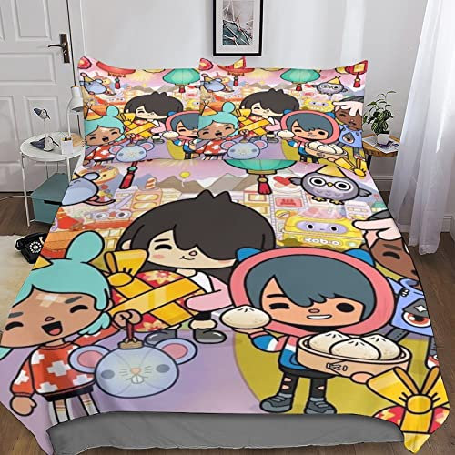 VOLDAX Toca Boca Welt 3D Bettbezug Set Mit Kissenbezug, Bettwäsche Set, Modisch Bettbezüge Mikrofaser Spiele Bettbezug Mit Reißverschluss King(220x240cm)