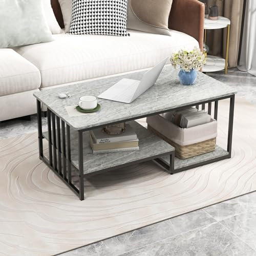 GOPLUS Table Basse Marbre, Table Basse Salon Moderne à 2 Niveaux, Plateau et Etagère Ouverte, Rectangulaire, pour Salon, Maison, Bureau Charge 50KG+20KG,Gris