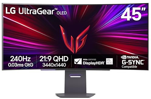 LG 45GS95QE Ultragear OLED Curved Gaming Monitor 45-Inch WQHD 800R 240Hz 0.03ms DisplayHDR True Black 400 AMD FreeSync Premium Pro NVIDIA G-Sync HDMI 2.1 DisplayPort Tilt/Height/Swivel Stand - Black