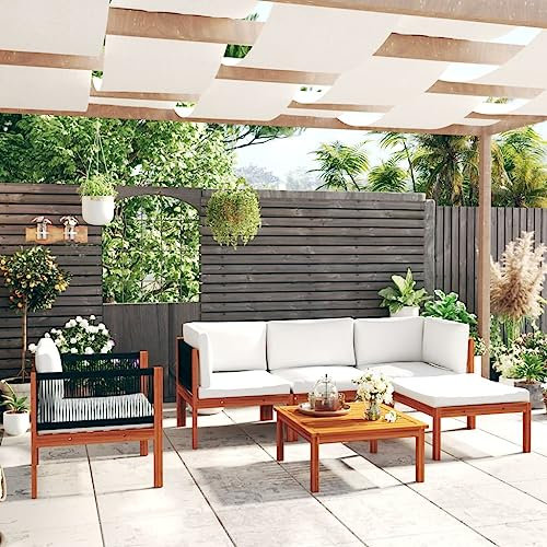 Willood 6-TLG. Gartenmöbel Set Garten Terrasse Balkonmöbel Sofa Bank Gartenset Sitzgarnitur Mittelsofa Ecksofa Garten Lounge Set mit Kissen Cremeweiß Massivholz Akazie