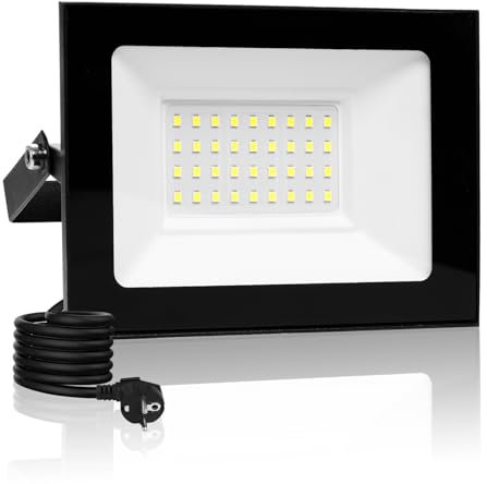 wowspeed 30W Led Strahler Außen mit Stecke 3000LM Scheinwerfer Aussen IP65 Fluter 6500K Kaltweiß Aussenstrahler Flutlichtstrahler mit 300cm Cable fur Hinterhof Auffahrt Garage