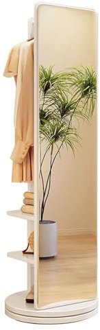 Rotation 360 Miroir en Bois Massif, Miroir sur Pied avec Porte-Manteau, Miroirs de Sol Pleine Longueur pour Le Salon, la Chambre et l'appartement, Blanche