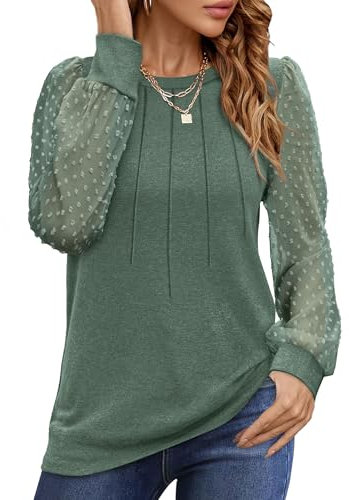 Aokosor Women Long Sleeve Tops Ladies Top Women Shirts Long Sleeve Pleated Top Lace Green Tops Size 6-8