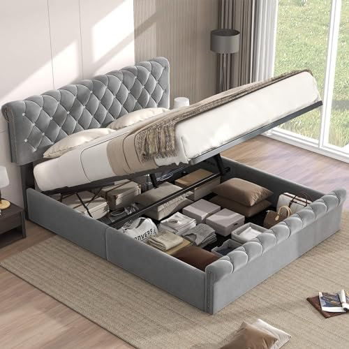 YCYDHDM Polsterbett Stauraumbett 180 x 200 cm, Hydraulisch Doppelbett mit Verstellbares Kopfteil und Bettkasten, Bettgestell mit Lattenrost, Bett aus Samtstoff, Ohne Matratze, Grau
