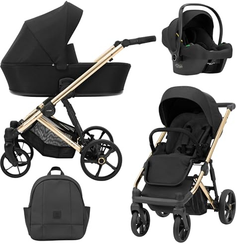 KUNERT Kinderwagen ARIZO 3in1 2in1 Sportwagen Babywagen Autositz Babyschale Komplettset Kinder Wagen Set 3 in 1 2 in 1 (AR-01 Black + gold Rahmen, 3in1 Cosmo)
