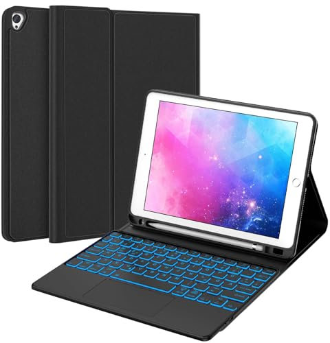SENGBIRCH iPad 9 Generation hülle mit Tastatur - Tastatur Hülle mit Touchpad für iPad 10.2 Zoll 9/8/7 Generation,7 Lichtfarben, Soft TPU Gehäuse ApplePencil Halter,QWERTZ Layout mit Touchpad