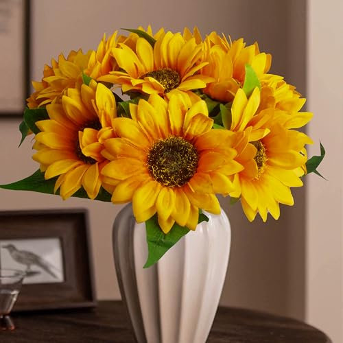DBCMEW Artificial Sunflowers, 10pcs Large Single Stem Silk Fake Sunflowers Ideal for DIY Craft/Wedding/Birthday Party/Outdoor/Office/Home Decoration(NO VASE)