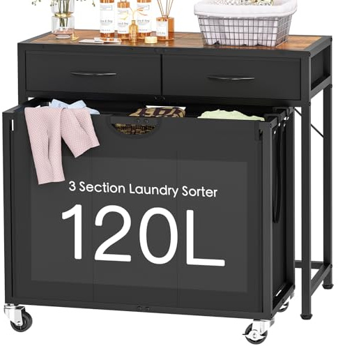 Laundry Sorter, Rolling Laundry Hamper with 3 Section Pull-Out Bags, Laundry Basket Organizer with 2 Drawers & 2-Tone Top Panel, Laundry Hamper with Wheels for Laundry Room Organization, Bathroom