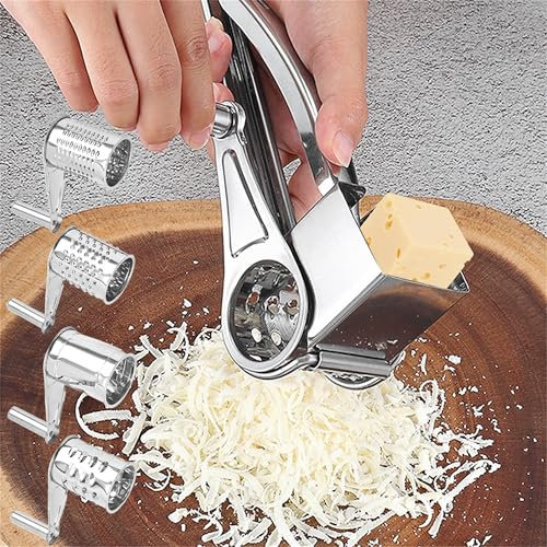 SUQ 4 in 1 Cheese Grater, Compact Cheese Grater with Crank for Kitchen, Stainless Steel Rotating Cheese Grater with 4 Stainless Steel Blades, Food Grade Stainless Steel Grater Rotary for Cheese, Nuts