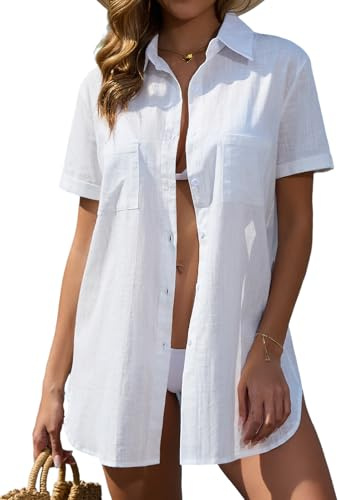 Vancavoo Beach Cover Up Cotton Beach Shirt Women Swimsuit Cover ups Dress Button Down Short Sleeves Beachwear Loose Cardigan Blouse Tops,White,XL