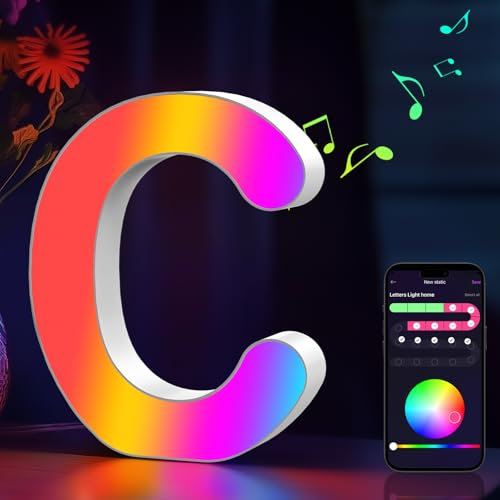 Cpeelsdo Letra Luminosas Mayúscula RGB, Letras Luces LED Iluminadas con USB, Control APP, Luces Etras neón, Luces de Noche para Pared, Fiesta de Cumpleaños, Navidad, Decoración de Boda, Letras - C