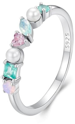 Kerraom Ringe Silber 925 Verlobungsring Damen Bunte Ring mit Stein Cubic Zirkonia Stapelbare Vintage Herz Ring Freundschaftsringe Mädchen Eheringe Weißgold Opal Perlen Trendschmuck