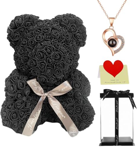 Grande orsacchiotto rosa con confezione regalo, orsacchiotto eterno con fiori per anniversario, festa della mamma, matrimonio, compleanno, regalo romantico per lei (nero)