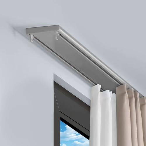 Doppelte Vorhangstangen-Deckenbefestigung, Schwerlast-Aluminium-Spurenset für Vorhänge mit leiser Gleitfunktion, flexibles, biegbares Vorhangschienensystem für Wohnzimmer (Grau,2.1m(6.9ft ））