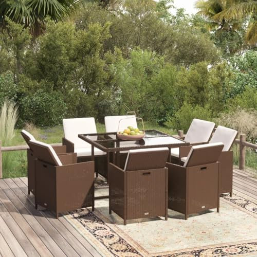 Utiny 9-TLG. Garten-Essgruppe mit Kissen Poly Rattan Braun 109 cm Tischlänge(8X Sessel + Tisch)
