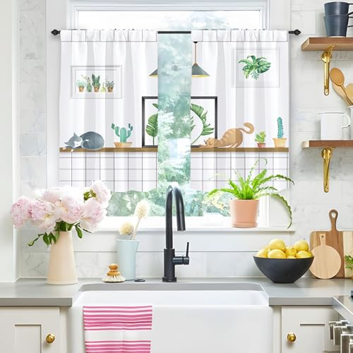 Highdi 2 Stück 3D Kurzgardine Modern Wohnzimmer Küchen, Kurzer Vorhang Fenster Durchscheinend Fenstergardinen, Bistrogardine Stab Tasche Halbe Fenster Behandlung (Katzen,W80xL100cm)