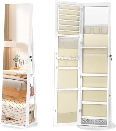 Froadp 3-in-1 Schmuckschrank mit LED-Beleuchtung und Spiegel 360° Drehbarer Stehendes Spiegelschrank 161 x 54,5 x 10 cm Abschließbarer Schmuckaufbewahrung Ganzkörperspiegel, Weiß