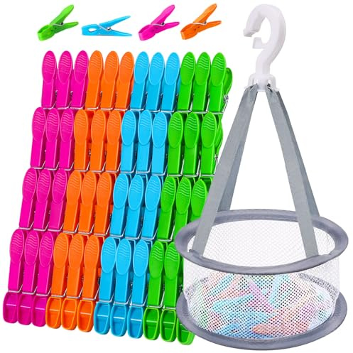 Mexgcom 48 Stück Wäscheklammern mit Korb, Windfeste Bunte klammerbeutel für wäscheklammern, Wäscheleinen Ohne Abdruck, Bunte Wäscheklammern mit Beutel, Abdruck sockenklammern für Kleidung