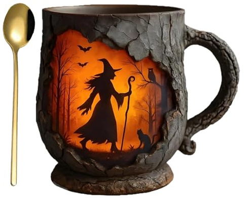 Ceprznvey Mystic Flame Kelch, strukturierte Tasse zum Verschenken, Baumrinde mit geformtem Griff, Hexenfeuer-Motiv und 3D-Keramik-Design für Geburtstag, Büro, Lehrerschreibtisch und Kollegen