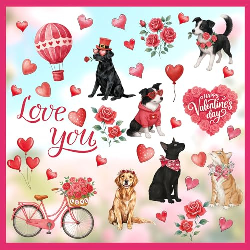 CHDITB Valentinstags Fensterbilder,Valentinstag Mustern Wandstickers Selbstklebend,Hunde Katzen Rosa Herz Rosen Wanddeko,Valentinstag Fensteraufkleber für Hochzeiten Jahrestagen Wohnzimmer(100x30cm)