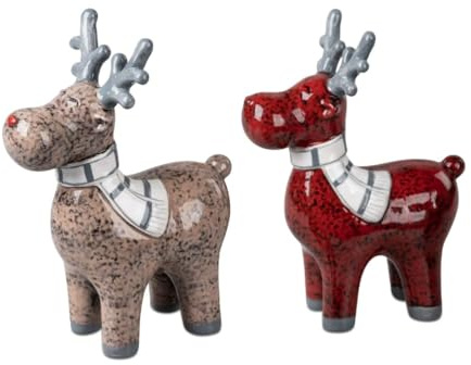 formano Deko Hirsche Set, 2 Stück, Antik-Stil, Braun und Rot, Keramik, 15 cm Höhe, Weihnachtliche Dekoration