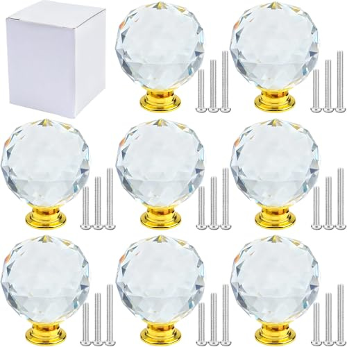 LHNNDM 8 Pcs 40mm Crystal Glass Cabinet Door Knobs, Screws for Home Kitchen Office Cabinet Drawer Decorating (Diamond-Shaped, Gold-Base Black) (Gold-Base Transparent, Round)