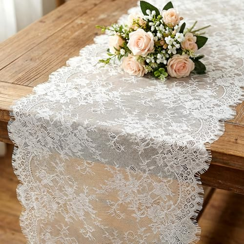 XLIUAX Vintage Weiße Spitze, Bestickte Spitzenauflage Boho Lace Table Tunner für Hochzeit Party Dekoration Geburtstagsparty Kuchendekoration Outdoor Party Kommunion (75 * 300 cm)