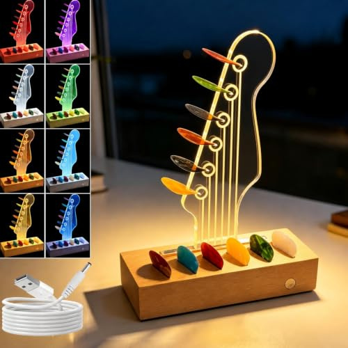 Light Up Guitar Pick Holder, Rechargeable Pick Display Case 8-Color | Guitar Pick Storage Box Table Decor with 6 Picks Guitar Accessories Gift for Guitar Players Music Lovers (Electric Headstock)