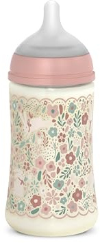 Suavinex, Biberón 270 ml con Tetina Fisiológica SX Pro de Silicona, con válvula Anticólico, de Flujo Medio (M), para Líquidos Densidad Media, Leche, Zumos o Agua. Bebés +3 Meses. Wonder Flores Rosa