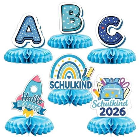 6 Stück Einschulung Deko Blau Wabenaufsteller Tischdeko Set | Mit Rakete, ABC Buchstaben, Schulranzen & Regenbogen, Tischdekoration für Schulanfang und Schulstart Party