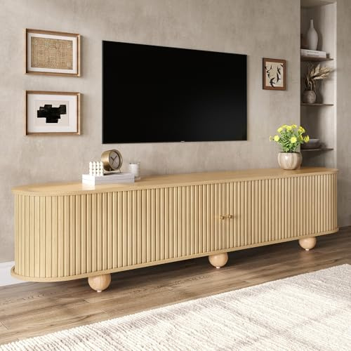 NADEUSAK Mueble bajo para TV, puertas correderas verticales estriadas, patas esféricas, 180 x 35 x 45 cm, natural, muebles de salón, retro