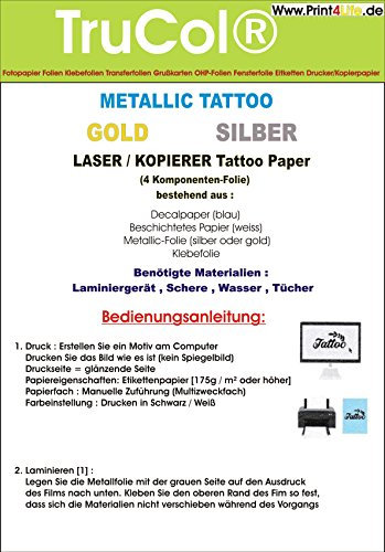 Tattoo – Transferfolie Gold FÜR DIE Haut – Metallic Tattoo Gold - zum aufkleben und selbst gestalten - für Laserdrucker und Kopierer (A4 – 5 Blatt) - Tattoofolien